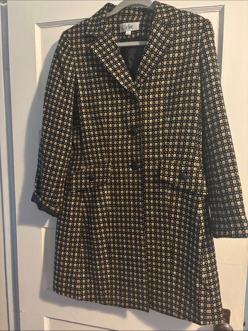 Le Suit Black and Cream Geometric Long Sleeve Dress Jacket